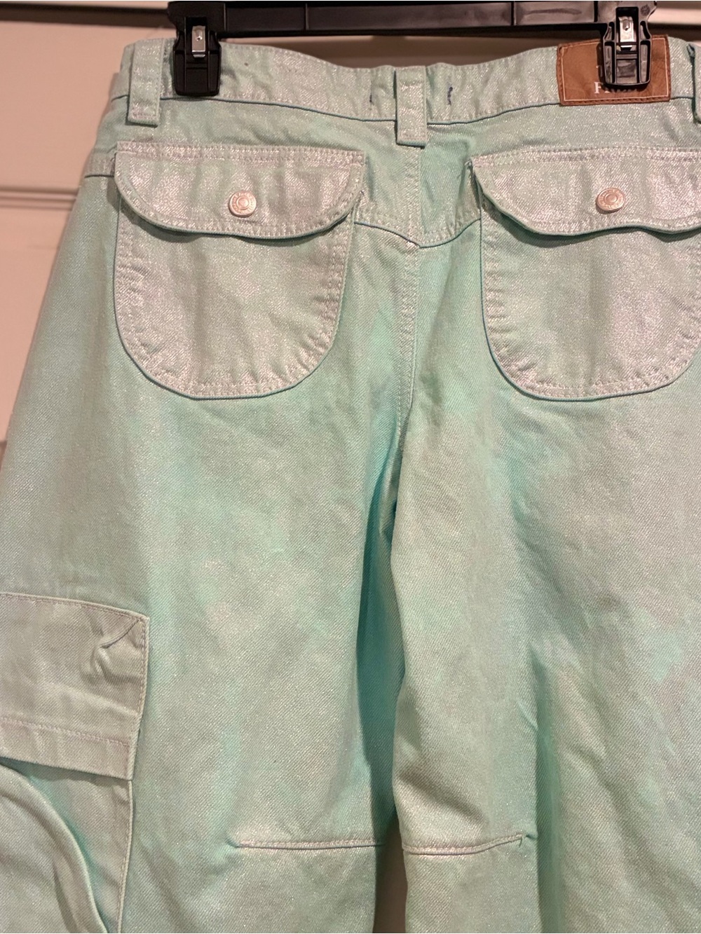 Like New We the Free "Lap of Luxury" Barrel Cargo Jeans in Metallica Aquamarine - Picture 12 of 14